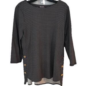 Chico's Houndstooth Tunic 3/4 Sleeve Black/White Button Detail Curved Hem Medium